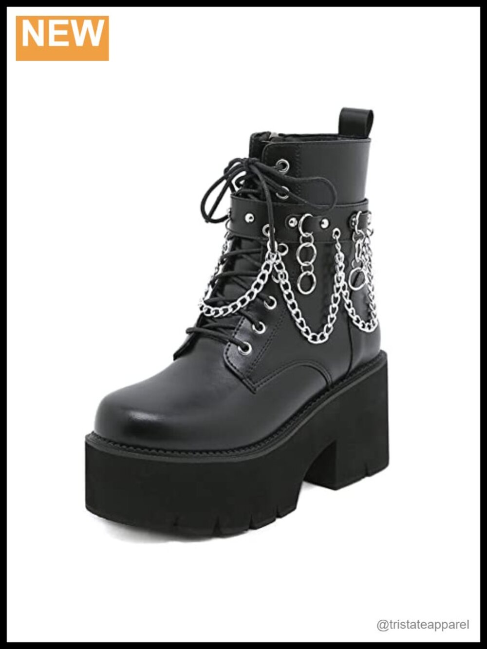 Platform Combat Boots with Detachable Chain - Chunky Block Heel Ankle Boots PU